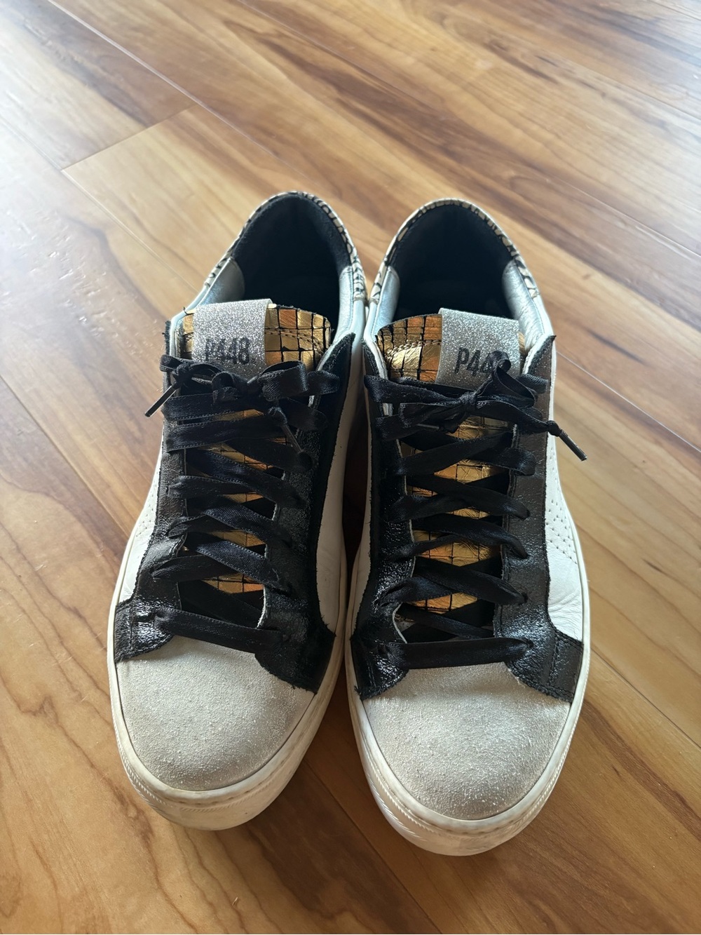 P448 Women's White, Black & Gold Low-Top Sneakers